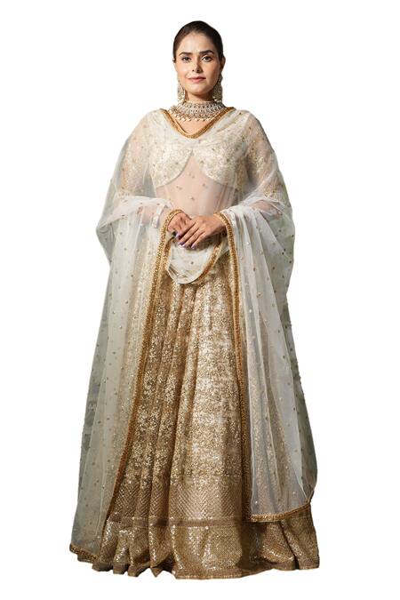 Buy_Studio Twelve 11_Beige Net, Linen Sequins, Embroidery Plunge Neck Floral And Lehenga Set _Online_at_Aza_Fashions