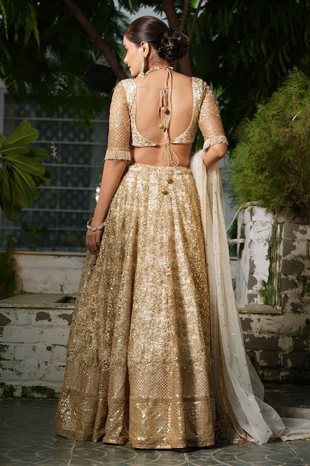 Shop_Studio Twelve 11_Beige Net, Linen Sequins, Embroidery Plunge Neck Floral And Lehenga Set _Online_at_Aza_Fashions