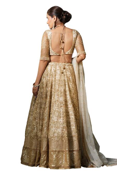 Studio Twelve 11_Beige Net, Linen Sequins, Embroidery Plunge Neck Floral And Lehenga Set _at_Aza_Fashions