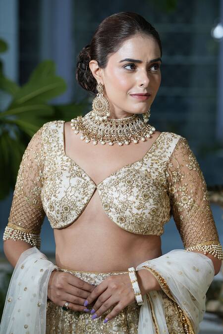 Shop_Studio Twelve 11_Beige Net, Linen Sequins, Embroidery Plunge Neck Floral And Lehenga Set 
