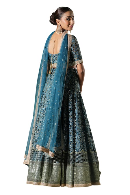 Buy_Studio Twelve 11_Blue Net, Linen Embroidery, Sequins Plunge Neck Floral Lehenga Set _Online_at_Aza_Fashions