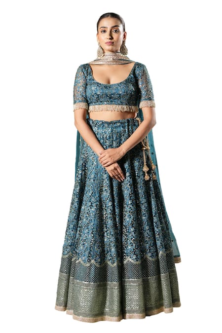 Studio Twelve 11_Blue Net, Linen Embroidery, Sequins Plunge Neck Floral Lehenga Set _at_Aza_Fashions