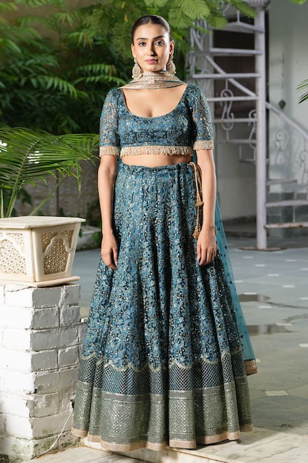 Buy_Studio Twelve 11_Blue Net, Linen Embroidery, Sequins Plunge Neck Floral Lehenga Set 