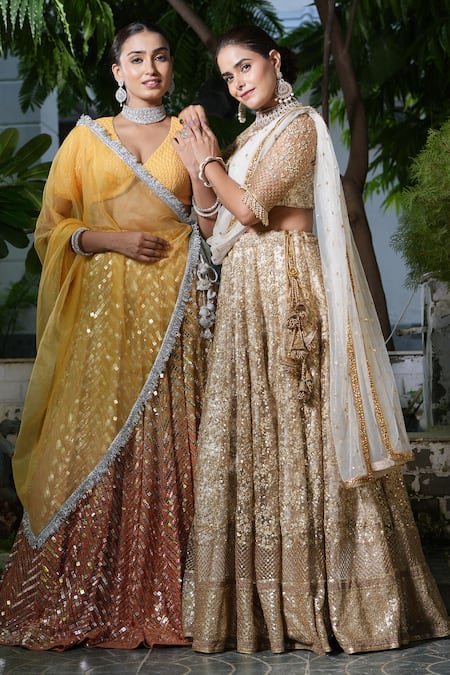 Studio Twelve 11_Yellow Cotton, Georgette, Net Sequins Plunge Neck Embroidered Ombre Lehenga Set _Online_at_Aza_Fashions