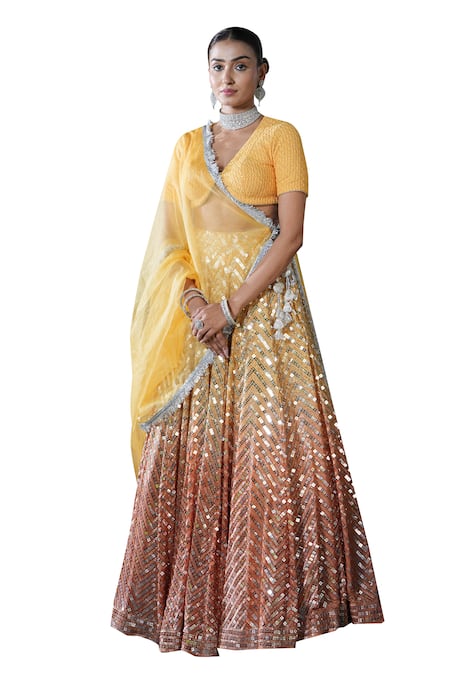 Buy_Studio Twelve 11_Yellow Cotton, Georgette, Net Sequins Plunge Neck Embroidered Ombre Lehenga Set _Online_at_Aza_Fashions