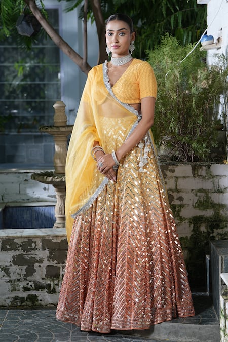 Shop_Studio Twelve 11_Yellow Cotton, Georgette, Net Sequins Plunge Neck Embroidered Ombre Lehenga Set _Online_at_Aza_Fashions
