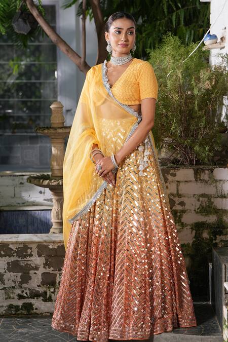Studio Twelve 11_Yellow Cotton, Georgette, Net Sequins Plunge Neck Embroidered Ombre Lehenga Set _at_Aza_Fashions