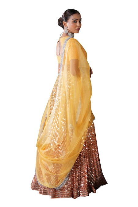 Shop_Studio Twelve 11_Yellow Cotton, Georgette, Net Sequins Plunge Neck Embroidered Ombre Lehenga Set 