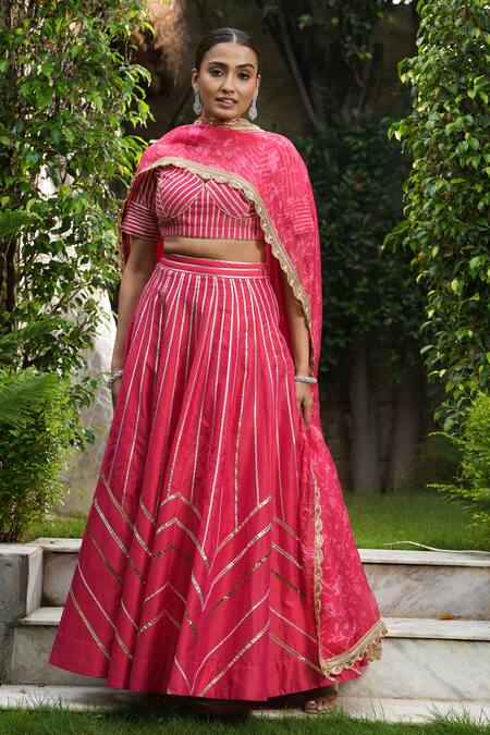 Studio Twelve 11_Red Chanderi Silk, Organza Gota Patti, Embroidery Applique Work Lehenga Set _Online_at_Aza_Fashions
