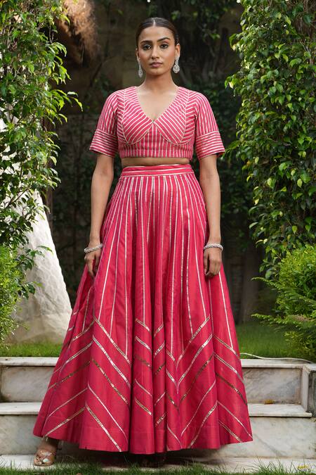 Shop_Studio Twelve 11_Red Chanderi Silk, Organza Gota Patti, Embroidery Applique Work Lehenga Set _Online_at_Aza_Fashions