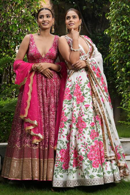 Studio Twelve 11_Ivory Chanderi Silk, Organza Embroidery, Sequins Floral Hand Painted Lehenga Set _Online_at_Aza_Fashions