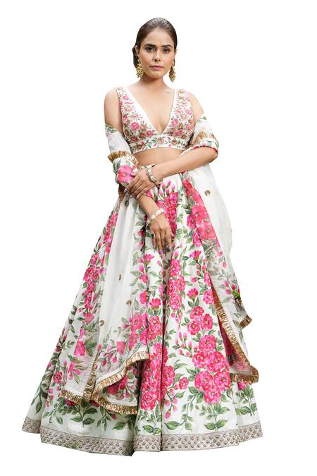 Shop_Studio Twelve 11_Ivory Chanderi Silk, Organza Embroidery, Sequins Floral Hand Painted Lehenga Set _Online_at_Aza_Fashions
