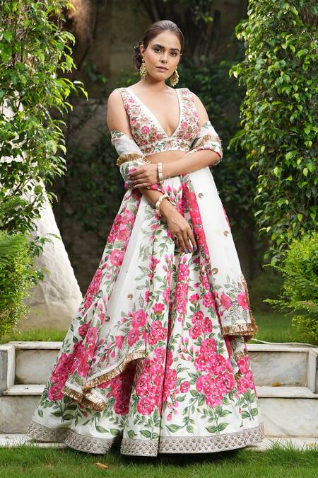 Studio Twelve 11_Ivory Chanderi Silk, Organza Embroidery, Sequins Floral Hand Painted Lehenga Set _at_Aza_Fashions