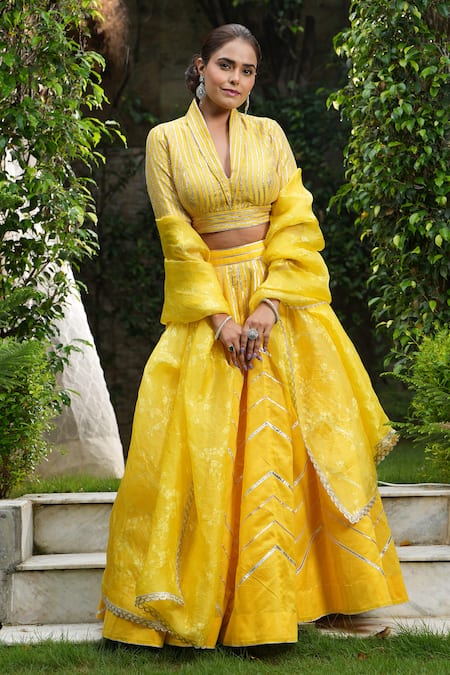 STUDIO TWELVE 11 Yellow Lehenga And Blouse Chanderi Silk Embroidered Gota Appliques Work Set 