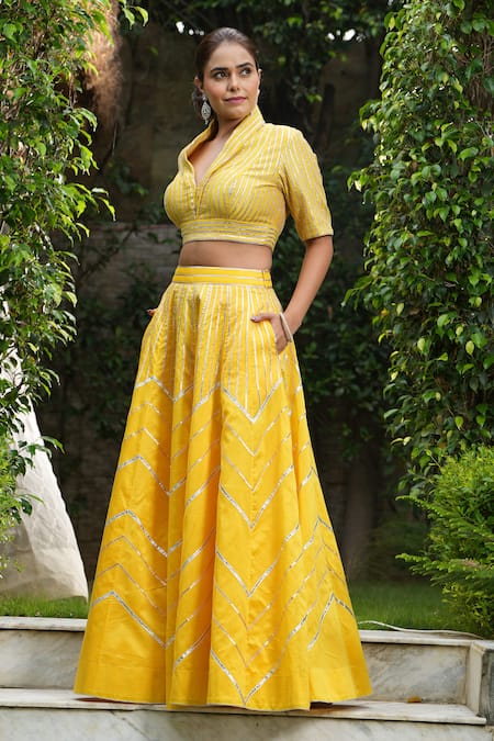 Buy_Studio Twelve 11_Yellow Chanderi , Organza, Embroidery, Gota Applique Work Lehenga Set _Online_at_Aza_Fashions