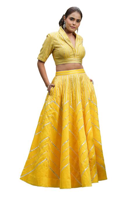 Shop_Studio Twelve 11_Yellow Chanderi , Organza, Embroidery, Gota Applique Work Lehenga Set _Online_at_Aza_Fashions