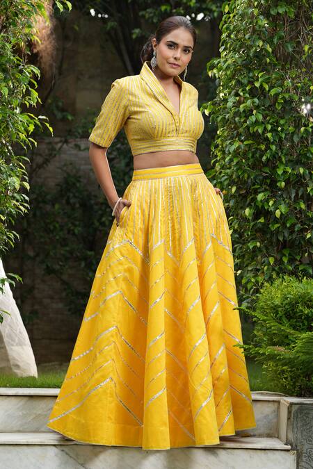 Studio Twelve 11_Yellow Chanderi , Organza, Embroidery, Gota Applique Work Lehenga Set _at_Aza_Fashions