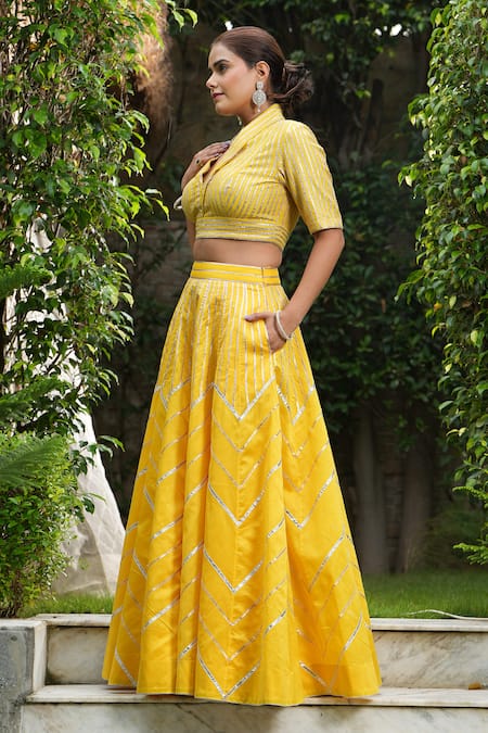 Buy_Studio Twelve 11_Yellow Chanderi , Organza, Embroidery, Gota Applique Work Lehenga Set 