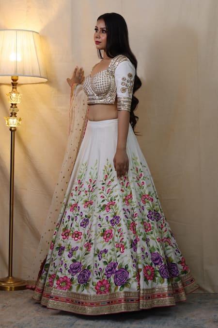 Studio Twelve 11_Ivory Chanderi , Embroidery, Sequins Flower Hand Painted Lehenga Set _at_Aza_Fashions