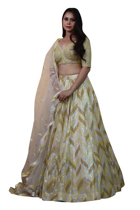 Studio Twelve 11_Ivory Chanderi Silk, Net Sequins V-neck Chevron Embroidered Lehenga Set _Online_at_Aza_Fashions