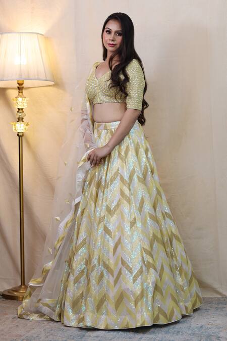 Buy_Studio Twelve 11_Ivory Chanderi Silk, Net Sequins V-neck Chevron Embroidered Lehenga Set _Online_at_Aza_Fashions