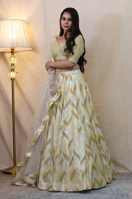 Shop_Studio Twelve 11_Ivory Chanderi Silk, Net Sequins V-neck Chevron Embroidered Lehenga Set _Online_at_Aza_Fashions