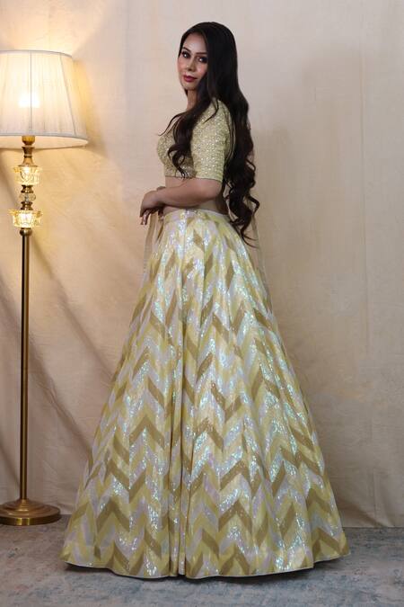 Studio Twelve 11_Ivory Chanderi Silk, Net Sequins V-neck Chevron Embroidered Lehenga Set _at_Aza_Fashions