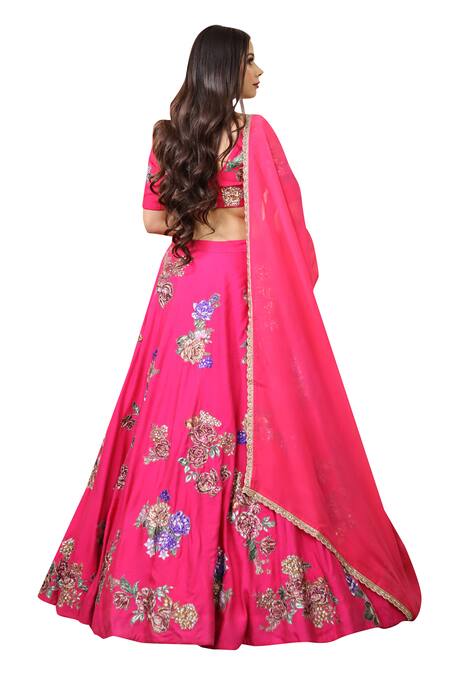 Studio Twelve 11_Pink Chanderi , Organza Embroidery, Floral Applique Lehenga Set _Online_at_Aza_Fashions