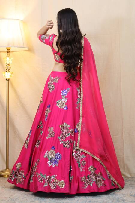 Buy_Studio Twelve 11_Pink Chanderi , Organza Embroidery, Floral Applique Lehenga Set _Online_at_Aza_Fashions