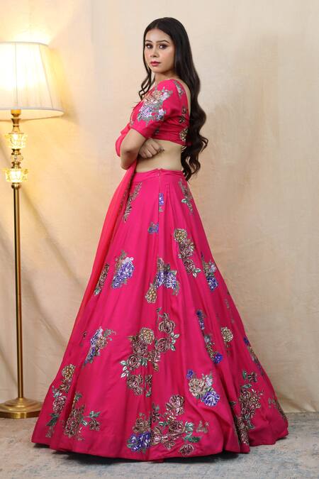 Shop_Studio Twelve 11_Pink Chanderi , Organza Embroidery, Floral Applique Lehenga Set _Online_at_Aza_Fashions