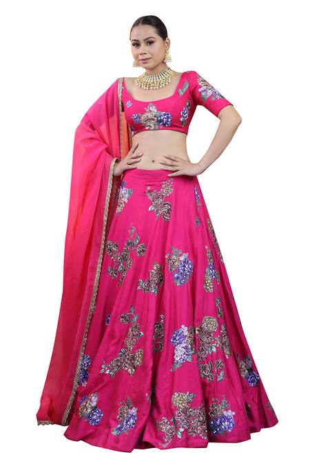 Studio Twelve 11_Pink Chanderi , Organza Embroidery, Floral Applique Lehenga Set _at_Aza_Fashions