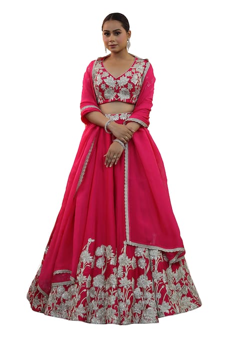 Studio Twelve 11_Magenta Chanderi , Organza, Sequins, Floral Dori Work Lehenga Set _Online_at_Aza_Fashions