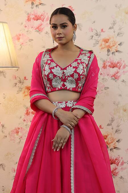 Buy_Studio Twelve 11_Magenta Chanderi , Organza, Sequins, Floral Dori Work Lehenga Set _Online_at_Aza_Fashions