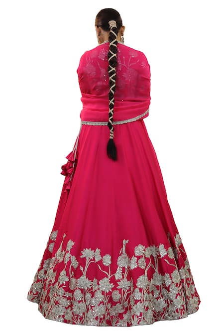 Shop_Studio Twelve 11_Magenta Chanderi , Organza, Sequins, Floral Dori Work Lehenga Set _Online_at_Aza_Fashions