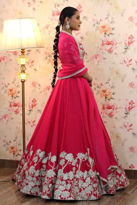Studio Twelve 11_Magenta Chanderi , Organza, Sequins, Floral Dori Work Lehenga Set _at_Aza_Fashions