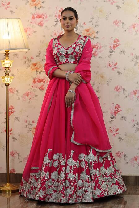 Buy_Studio Twelve 11_Magenta Chanderi , Organza, Sequins, Floral Dori Work Lehenga Set 
