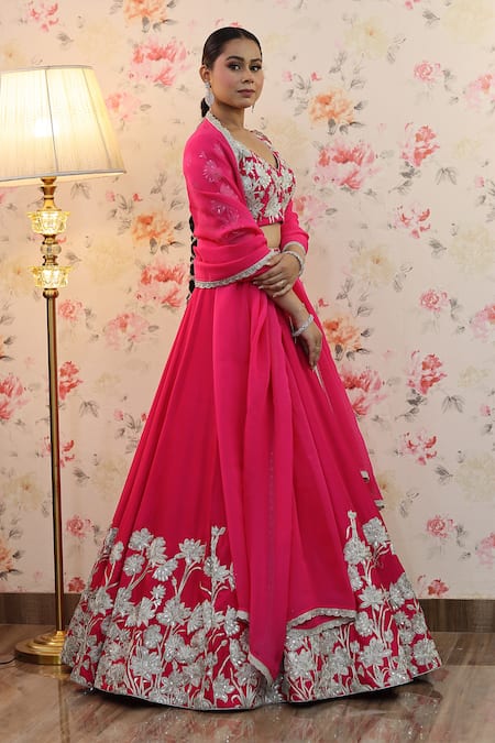 Shop_Studio Twelve 11_Magenta Chanderi , Organza, Sequins, Floral Dori Work Lehenga Set 