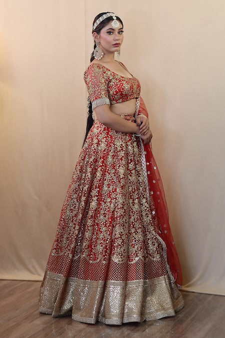 Studio Twelve 11_Red Silk, Net, Satin, Cotton Embroidery, Sequins Floral Bridal Lehenga Set _Online_at_Aza_Fashions