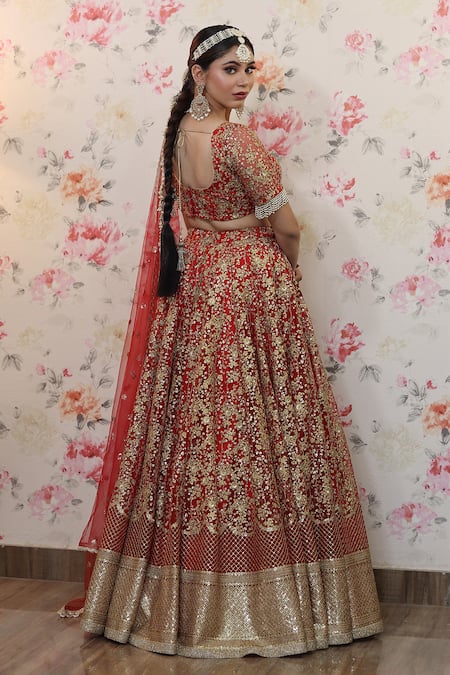 Shop_Studio Twelve 11_Red Silk, Net, Satin, Cotton Embroidery, Sequins Floral Bridal Lehenga Set _Online_at_Aza_Fashions