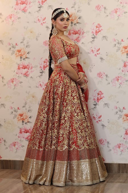 Studio Twelve 11_Red Silk, Net, Satin, Cotton Embroidery, Sequins Floral Bridal Lehenga Set _at_Aza_Fashions