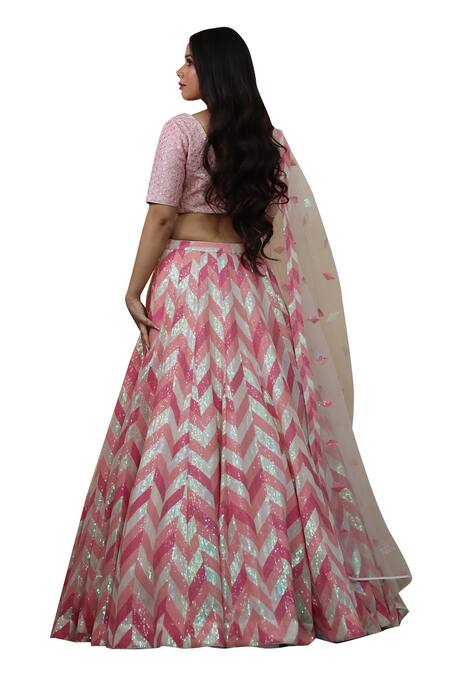 Shop_Studio Twelve 11_Pink Chanderi Silk, Net Sequins V-neck Embroidered Lehenga Set _Online_at_Aza_Fashions