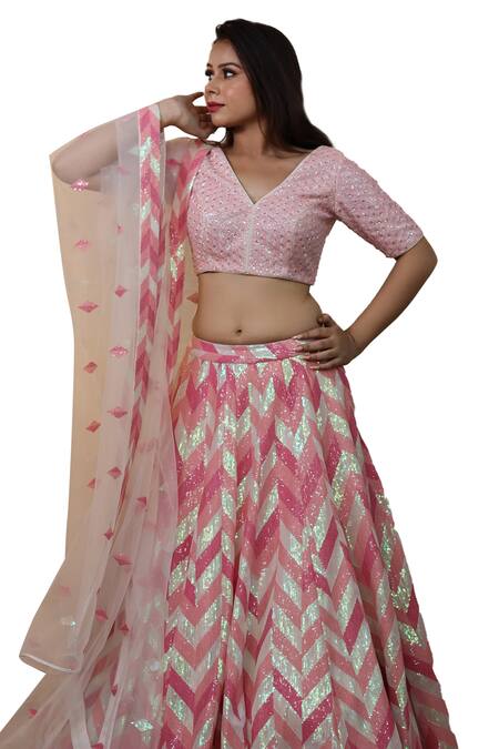 Shop_Studio Twelve 11_Pink Chanderi Silk, Net Sequins V-neck Embroidered Lehenga Set 