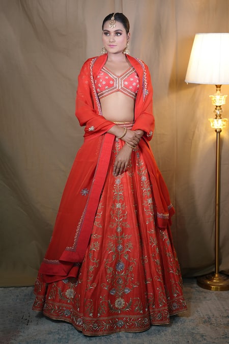 STUDIO TWELVE 11 Red Lehenga And Blouse Pure Raw Silk Embroidered Sequins V Neck Aari Bridal Set 