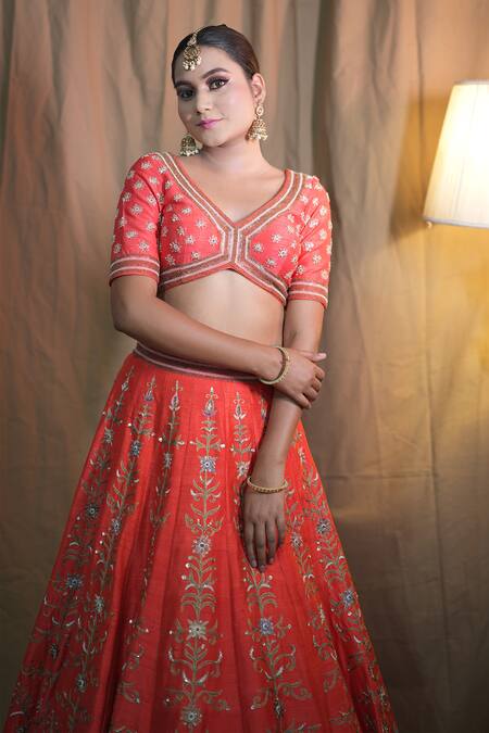 Studio Twelve 11_Red Silk, Organza Sequins V-neck Aari Embroidered Bridal Lehenga Set _Online_at_Aza_Fashions