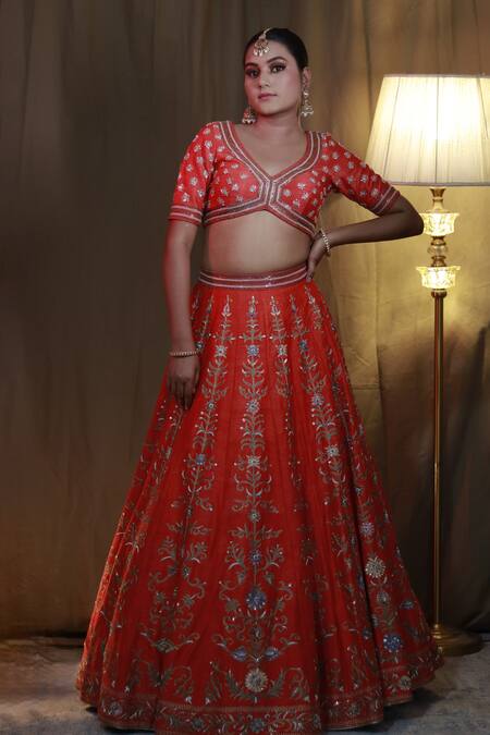 Buy Studio Twelve 11 Red Silk, Organza Sequins V-neck Aari Embroidered Bridal Lehenga Set Online at Aza Fashions Buy_Studio Twelve 11_Red Silk, Organza Sequins V-neck Aari Embroidered Bridal Lehenga Set _Online_at_Aza_Fashions