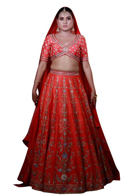 Shop Studio Twelve 11 Red Silk, Organza Sequins V-neck Aari Embroidered Bridal Lehenga Set Online at Aza Fashions Shop_Studio Twelve 11_Red Silk, Organza Sequins V-neck Aari Embroidered Bridal Lehenga Set _Online_at_Aza_Fashions