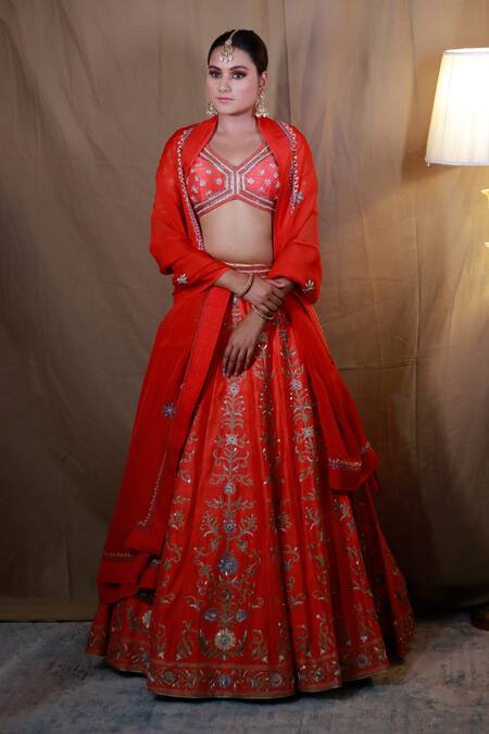 Studio Twelve 11_Red Silk, Organza Sequins V-neck Aari Embroidered Bridal Lehenga Set _at_Aza_Fashions