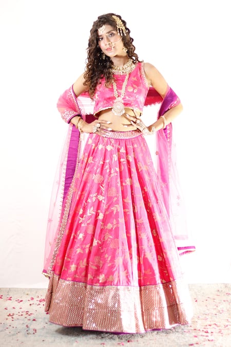 STUDIO TWELVE 11 Fuchsia Lehenga And Blouse Silk Brocade Woven Floral Round Set 