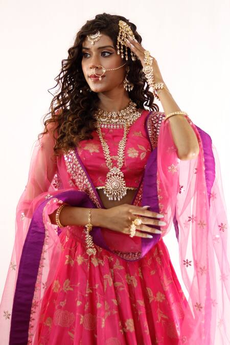 Shop_Studio Twelve 11_Fuchsia Silk, Net Sequins, Embroidery Round Neck Brocade Woven Lehenga Set _Online_at_Aza_Fashions