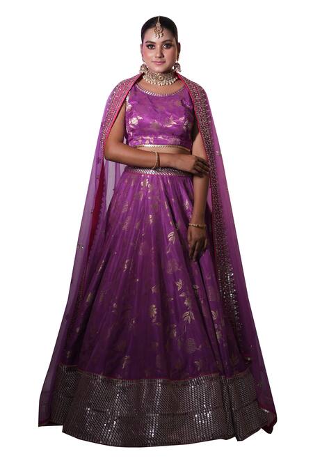 Buy_Studio Twelve 11_Purple Silk, Brocade, Net Embroidery, Sequins Round Neck Woven Lehenga Set _Online_at_Aza_Fashions